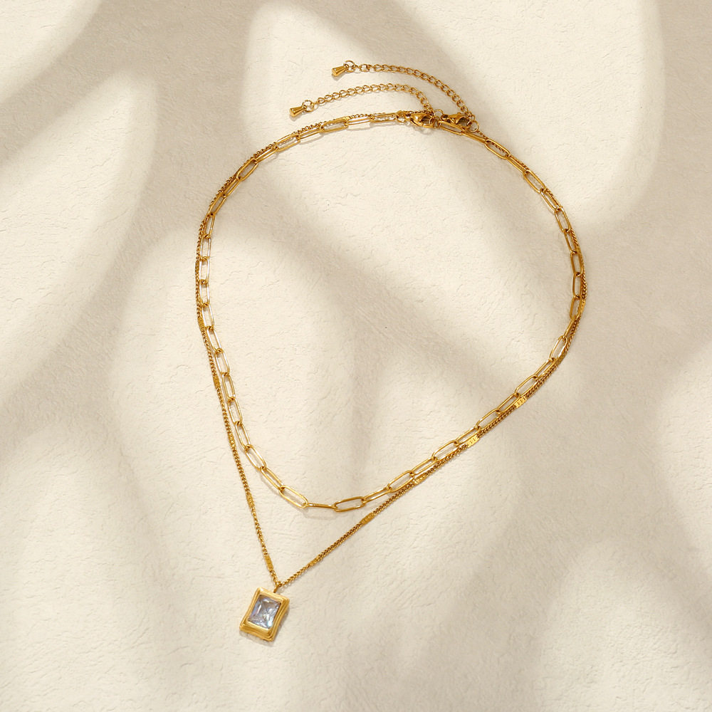 European and American fashion double-layer folded rectangular white shell stainless steel necklace women's niche high-end neck chain clavicle chain