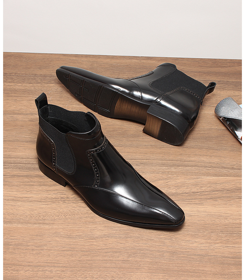 Giày Chelsea boot nam da bò mũi nhọn, cổ vừa, đế cao su — Màu đen, Màu vàng nâu