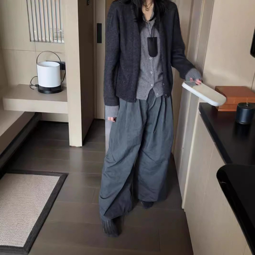 100%美丽诺羊毛开衫女秋冬灰色假两件针织衫高级感老钱风毛衣外套