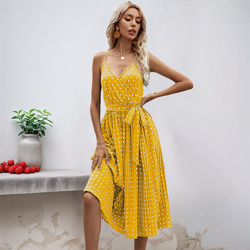 Polka Dot Midi Dress Sleeveless Tie Waist Pleated Design Casual Summer Wear Wholesale Available