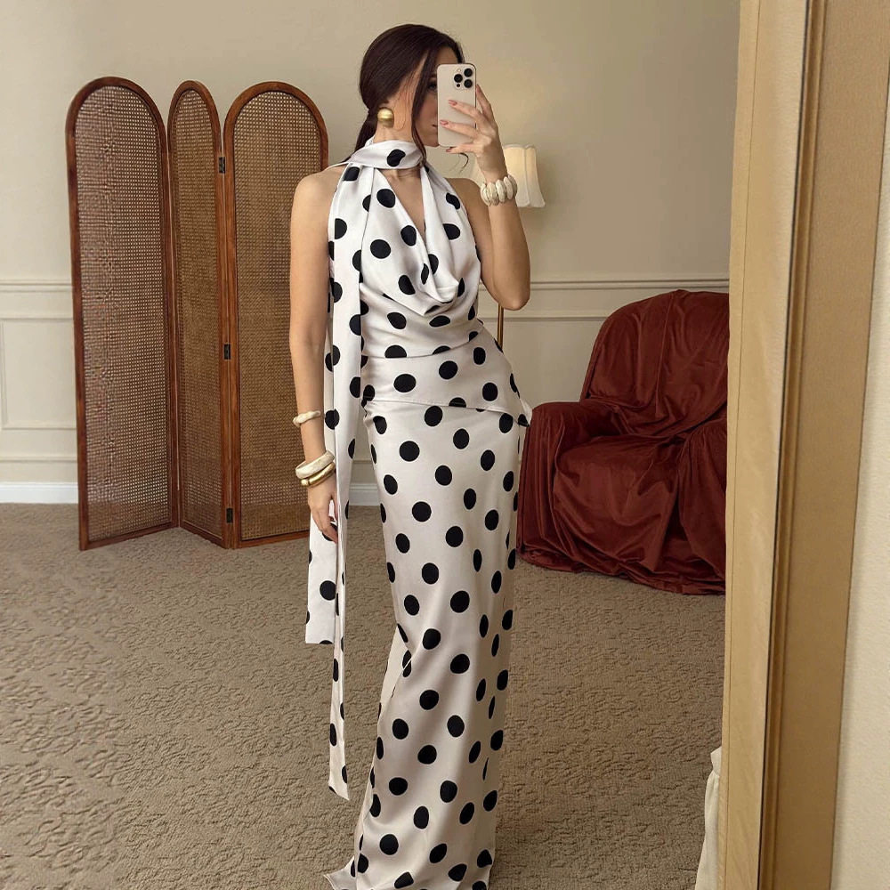 Polka Dot Print Two Piece Set Multicolor Sleeveless V Neck Summer Skirt Casual Wear Wholesale Available