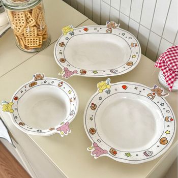 Cartoon Cute Bunny Special-Shaped Plate Ceramic Plate Oval Pasta Plate One-Person Rice Bowl Dessert Plate Birthday Gift