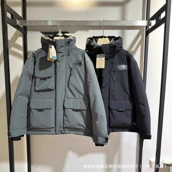 High-End New North Face Workwear down Jacket with Diagonal Zipper Pockets, Stand Collar, Couple's Same Style, Hooded Fashion Versatile Coat