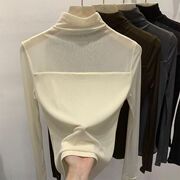 Solid color semi-high collar lace base shirt women's early autumn build 2024 new mesh top chiffon shirt