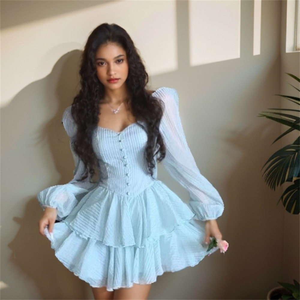 Womens Early Autumn Fashion Dress Solid Color Puff Sleeves Slim Fit Chiffon Fabric French Style Perfect for