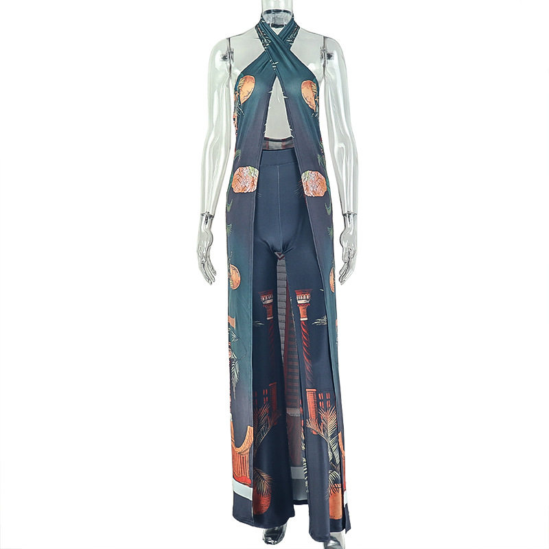 Summer Womens Two Piece Set Sexy Halter Neck Crop Top Printed Design Casual Trousers Vacation Style Wholesale