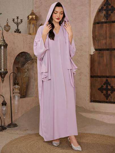 Al Najma Womens Solid Color V Neck Batwing Sleeve Loose Str