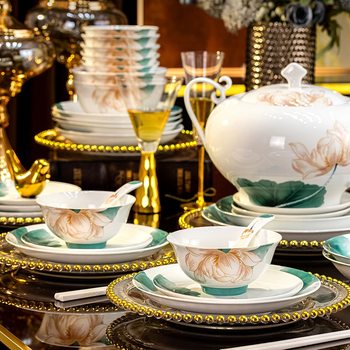 Chinese-Style Lotus Bowl and Plate Set for Home Use, Jingdezhen Bone China Tall Rice Bowls and Plates, Underglaze Color Tableware Combination, White Porcelain