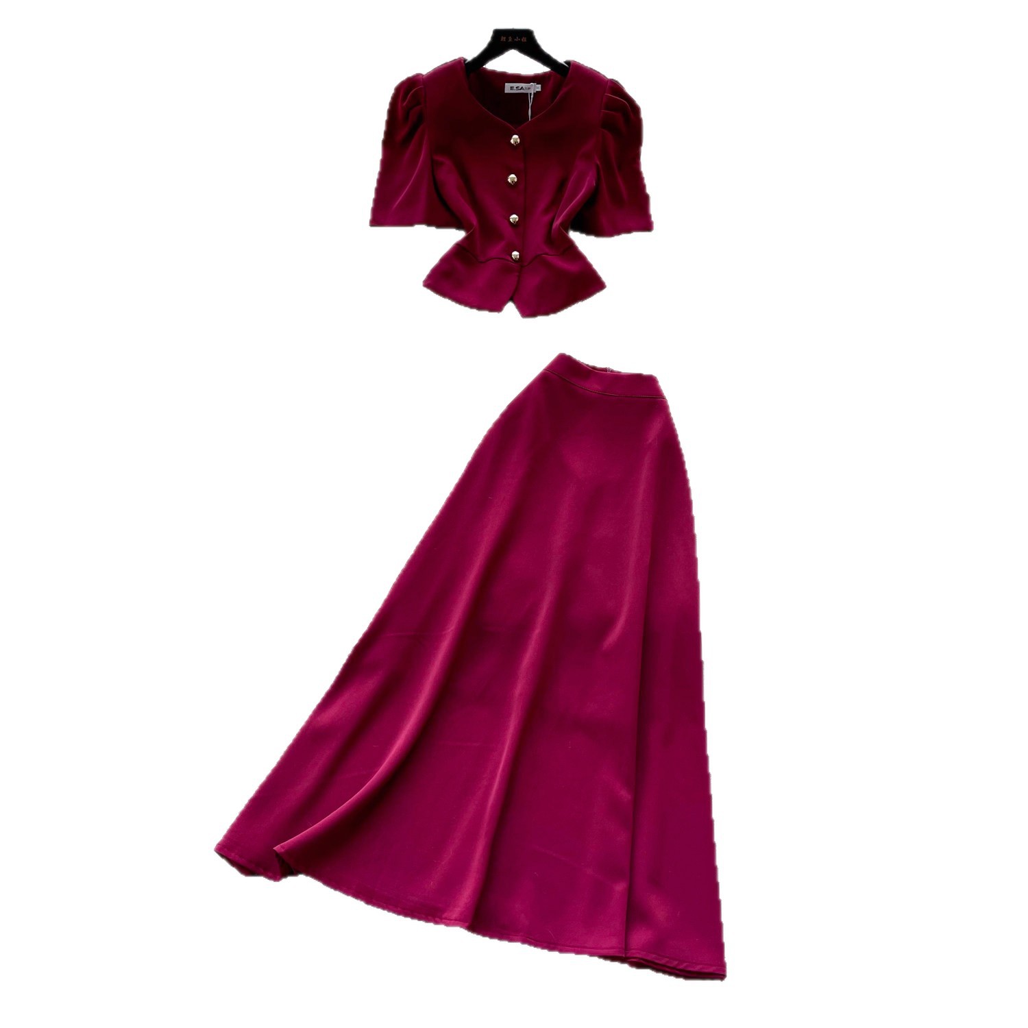 Elegant Wine Red Puff Sleeve Top and High Waist Long Skirt Set Slim Fit Summer Office Wear Womens Two Piece Outfit