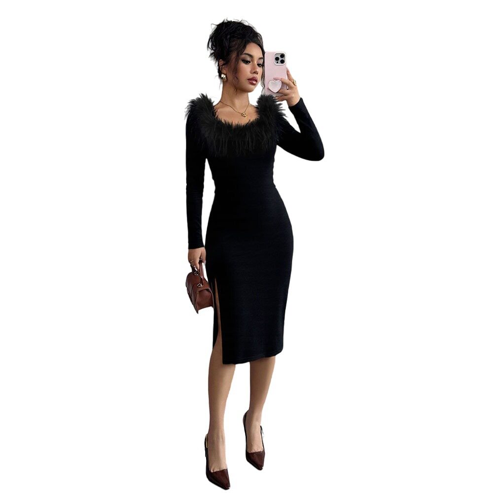 Black Plush Collar Long Dress for Women Slim Fit Side Split Elegant Style Perfect for Spring Summer Evening Events