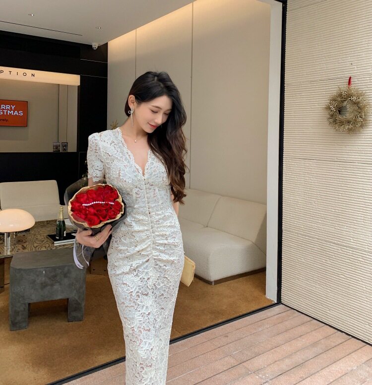 Đầm maxi ren V cổ tay loe thắt eo phong cách Pháp — Trắng chi tiết 2