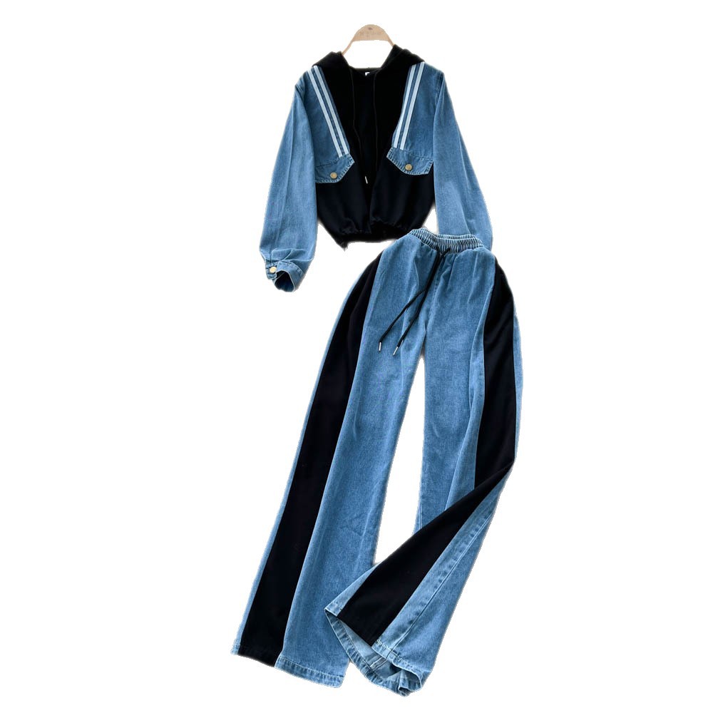 Womens Vintage Loose Fit Denim Hoodie and High Waisted Wide Leg Pants Set Casual Style for Fall Winter Wholesale