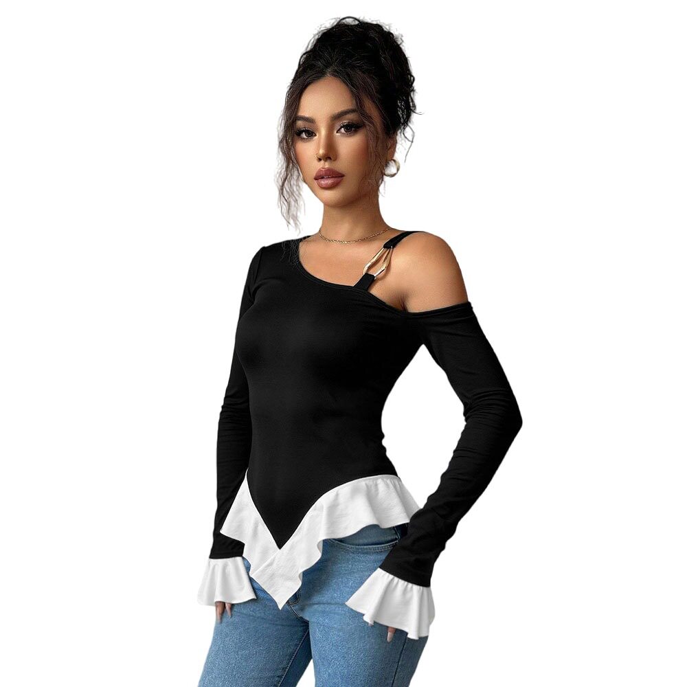 Black One Shoulder Top with Metal Ring Detail Asymmetrical Hem Ruffled White Trim Spring Summer Fashion Wholesale
