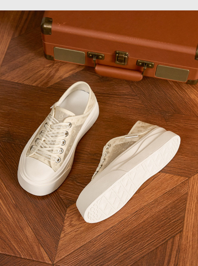 Giày sneaker nữ chạy bộ mesh thoáng khí đế phẳng — Trắng, Mơ chi tiết 14