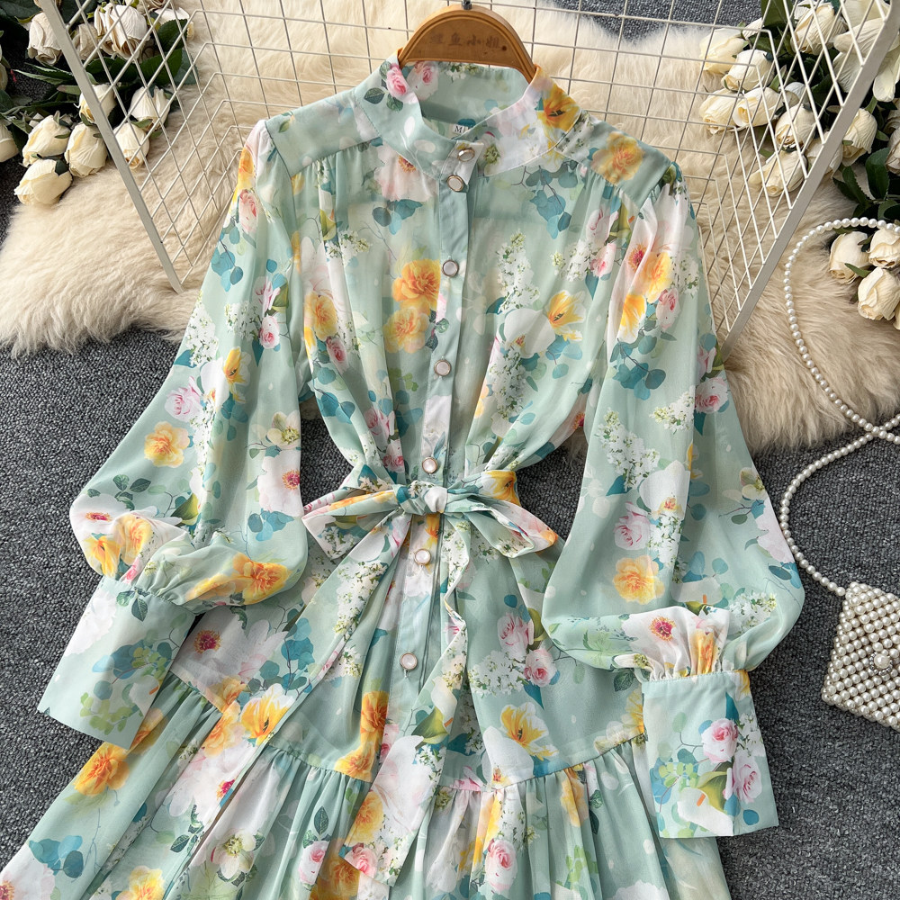 French Style Stand Collar Lantern Sleeve Floral Dress for Women Summer Slim Fit Ruffled Hem A Line Wholesale