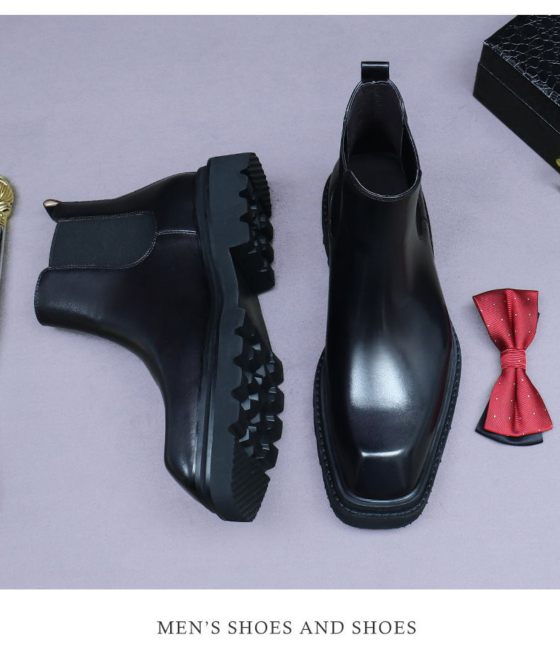 Boot Chelsea nam da bò cổ thấp đế dày phong cách công sở — Lớp lót lông cừu màu nâu cà phê, Màu đen, Lót lông cừu màu đen, Màu cà phê
