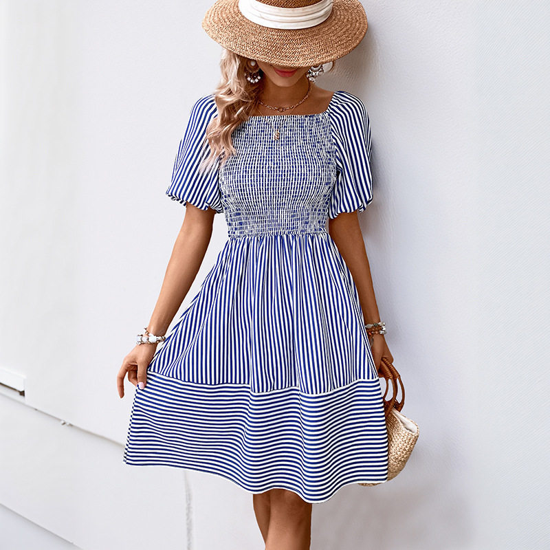 French Country Style Striped Dress Sweet Square Neck Puff Sleeves Lightweight Fabric Perfect for Spring Summer Events