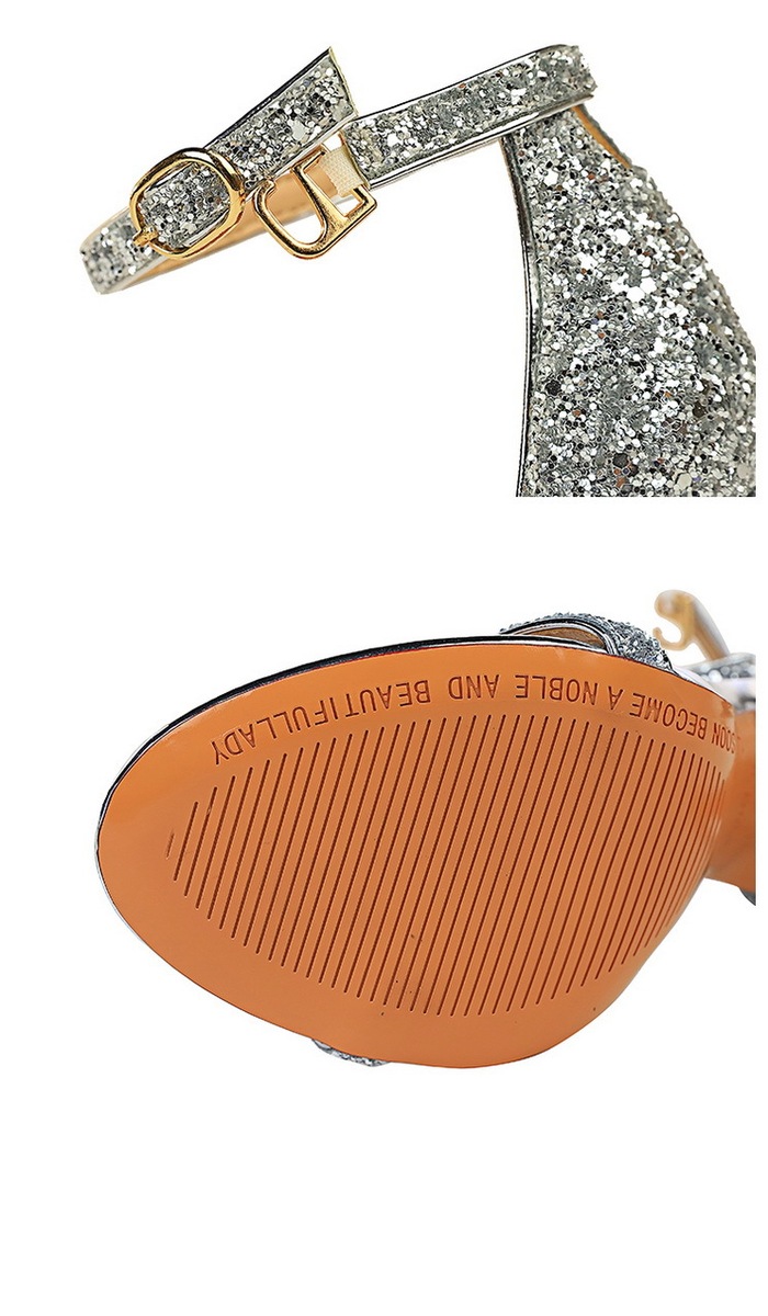 Sandal cao gót nữ quai ngang đính sequin lấp lánh gót mảnh hở mũi — Màu bạc, Màu đen, Màu Sâm panh