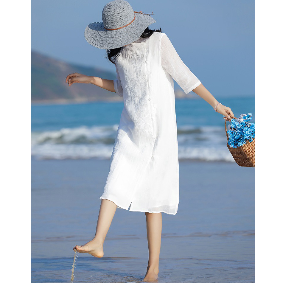 2021New Literature and art Women  2021新款文艺女装 肌理苎麻刺绣轻薄连衣裙女 中袖中长款飘逸裙子 2021New Literature and art Women 