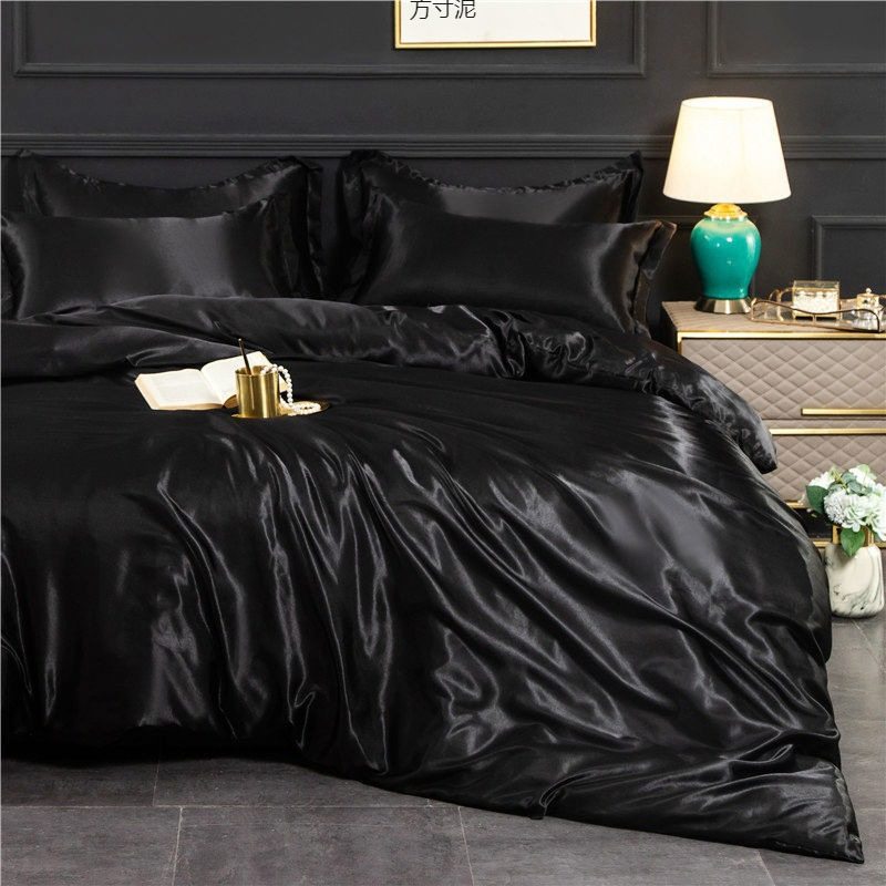 Summer ice silk four-piece quilt cover bedding silky black quilt cover student bed hat three-piece set wholesale