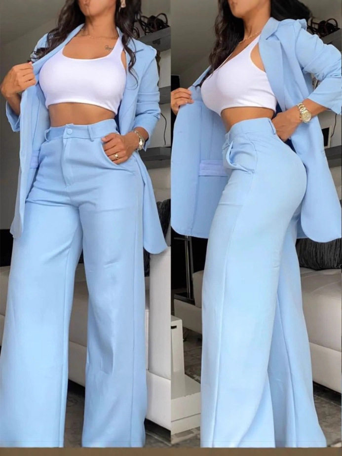 Cross-Border 2025 European and American Export Summer Women's Clothing Elegant Pure Color Slit Sleeves Lapel Suit Straight Pants Suit for Women