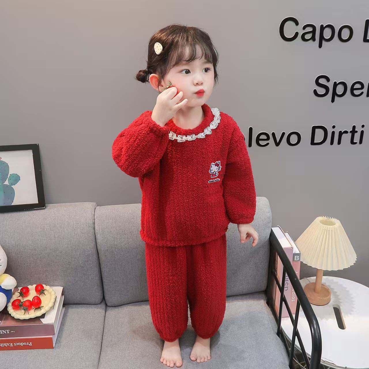 Set pigiama volant pizzo mezza pile bambine nuova inverno e autunno, pile corallo loungewear bambini
