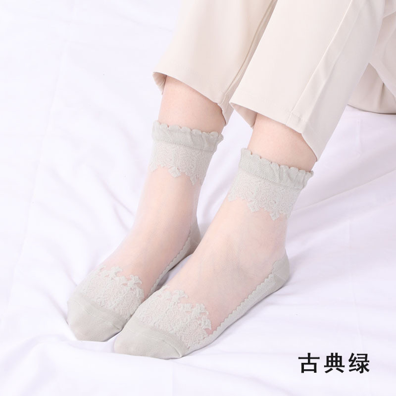 春季薄款中筒袜棉底玻璃丝袜子女蕾丝花边短款袜子防滑透气水晶袜