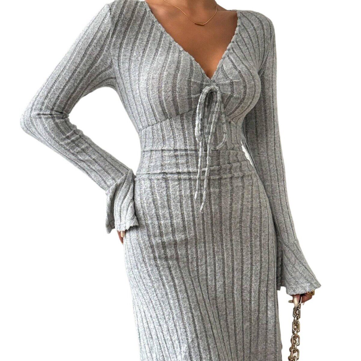 Elegant Gray Flared Sleeve Dress Slim Fit Short Length Minimalist Style Spring Summer Collection Wholesale Available