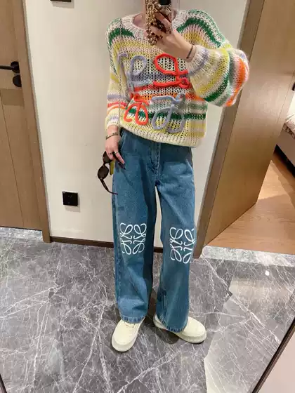 Lowe Classic Embroidered Jeans for Women, High-Waisted Straight Wide-Leg Pants, Casual Fashion, Slimming, Celebrity Style, Loose Fit