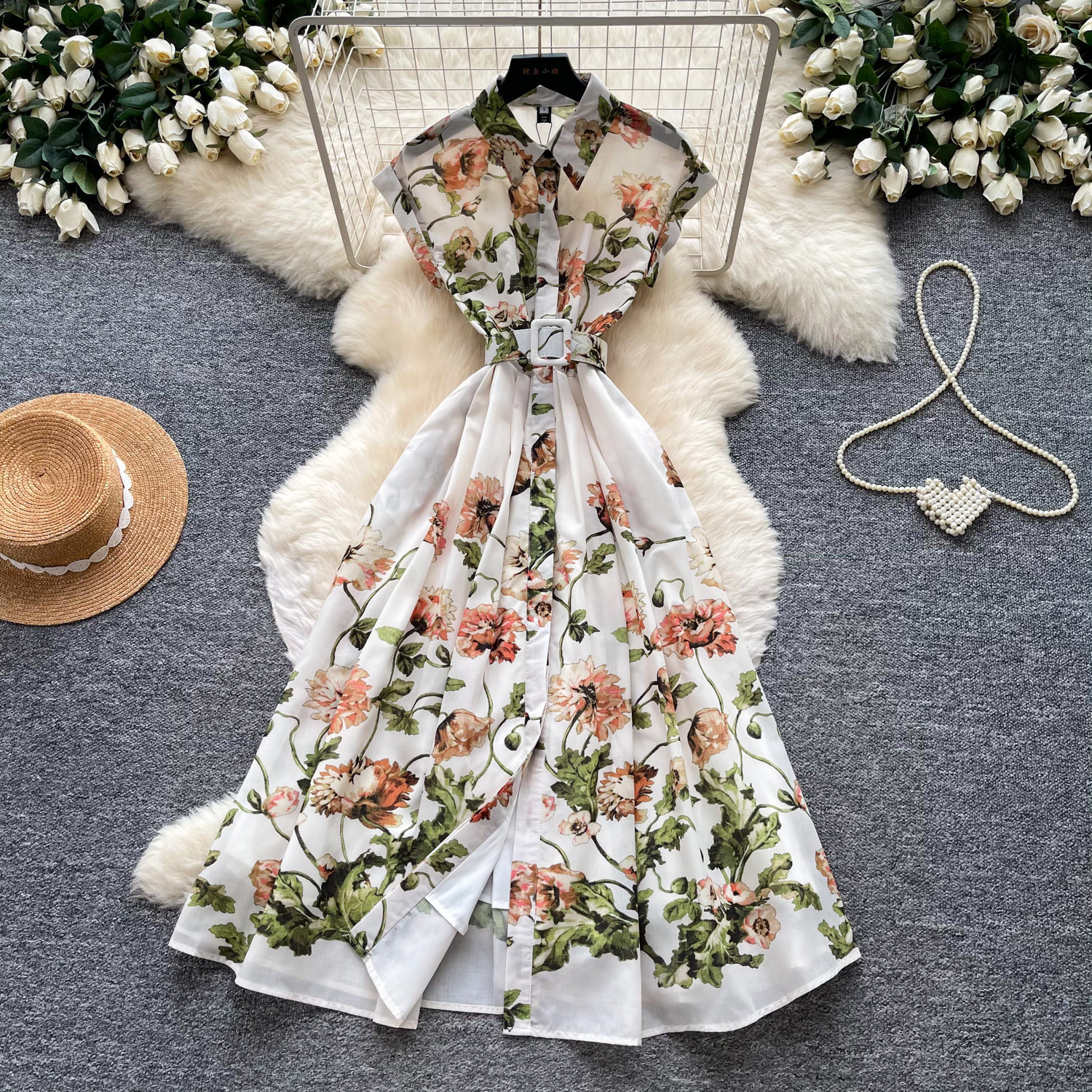Elegant Floral Print Sleeveless Dress Slim Fit Waist Belt Lightweight Fabric Summer Casual Wear for Women Wholesale