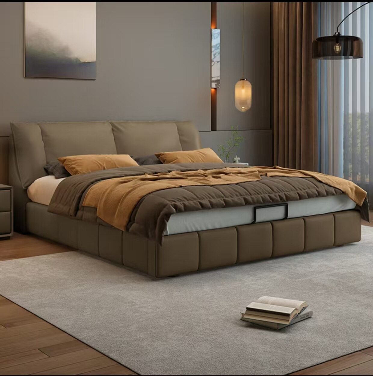 New Modern Light Luxury Leather Soft Bag Solid Wood Bed Minimalist Soft Bed Double Small Apartment Multifunctional Master Bedroom Queen Bed