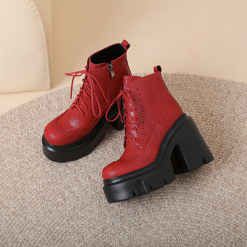 Giày Boot Nữ Cổ Ngắn Dây Buộc Da Bóng Đế Cao 12cm Màu Đen, Đỏ, Nâu