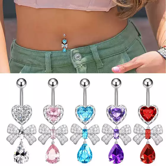 New Peach Heart Zircon Umbilical Ring Stainless Steel Bow Nail Sexy Navel Ring Abdominal Piercing Piercing Jewelry