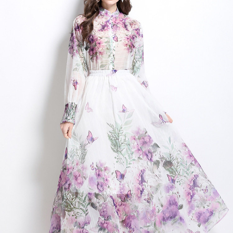 Womens High End Floral Print Two Piece Set Lantern Sleeve Top High Waist Skirt Spring Fashion for Elegant Occasions