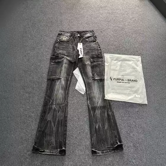 High Street Black Flared Jeans with Embroidery, Foreign Trade P Brand New Stretch Pu Lightning Pattern Men's Miscellaneous Temu Pants