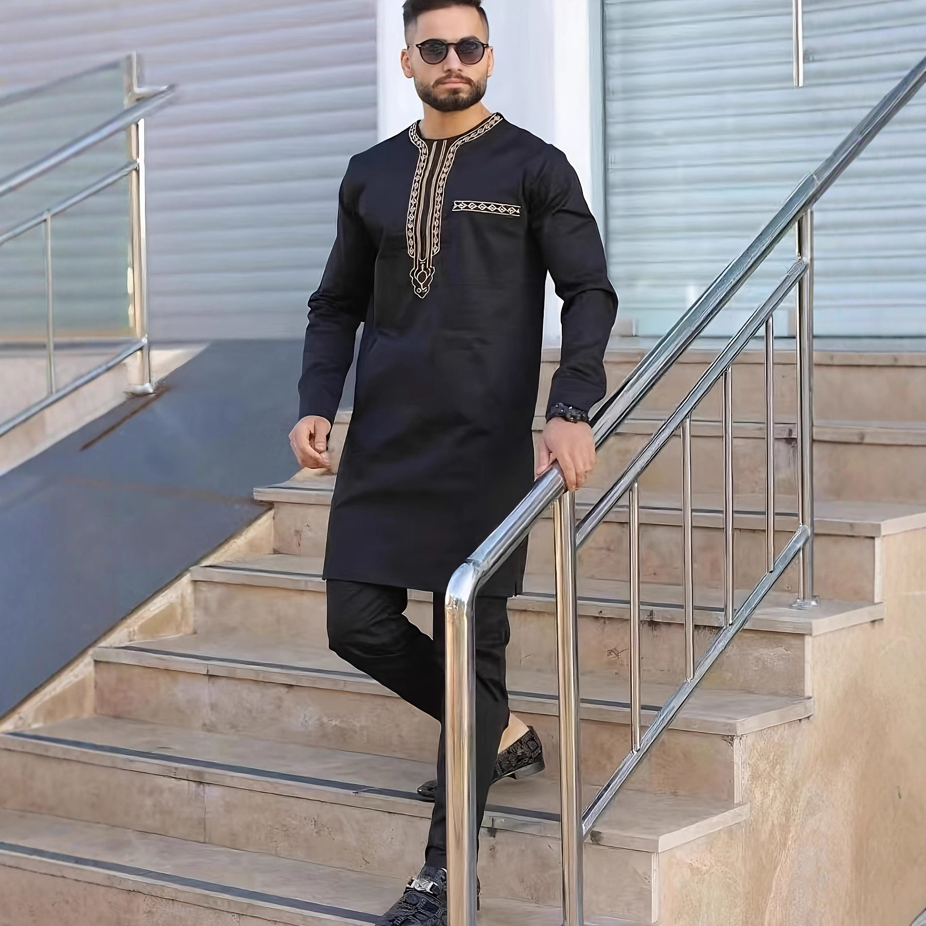 传统外贸非洲风格男士结婚新西装2件套圆领长袖上衣加裤子外贸