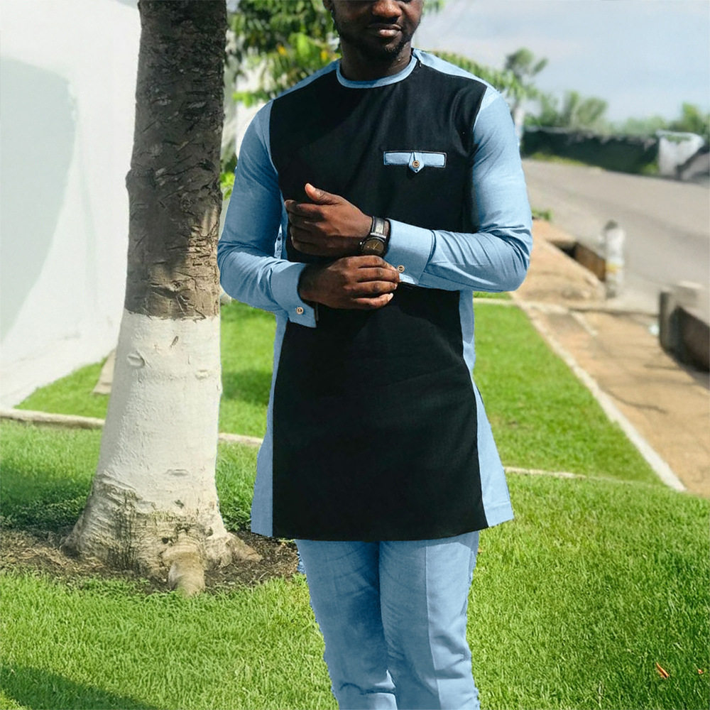 传统外贸非洲风格男士结婚新西装2件套圆领长袖上衣加裤子外贸