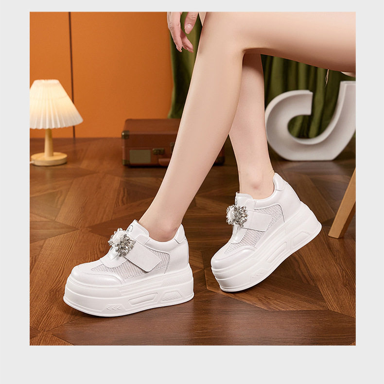 Giày sneaker nữ đế dày chunky trắng phối đá rhinestone, form hầm hố, tăng chiều cao — Trắng, Xám chi tiết 11