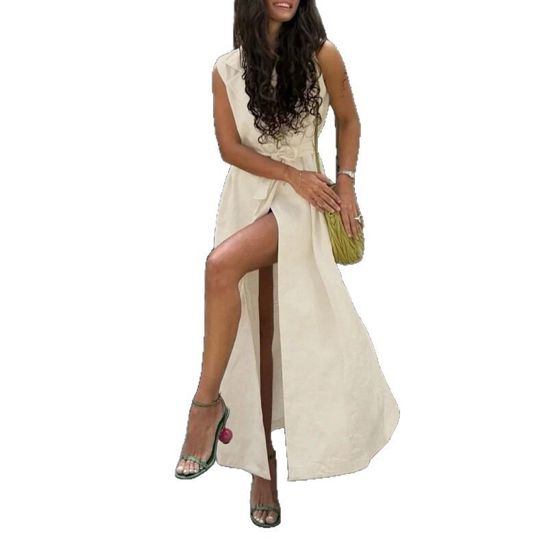 Sleeveless Split Midi Dress Elegant Solid Color Summer Office Wear for Women Wholesale Available