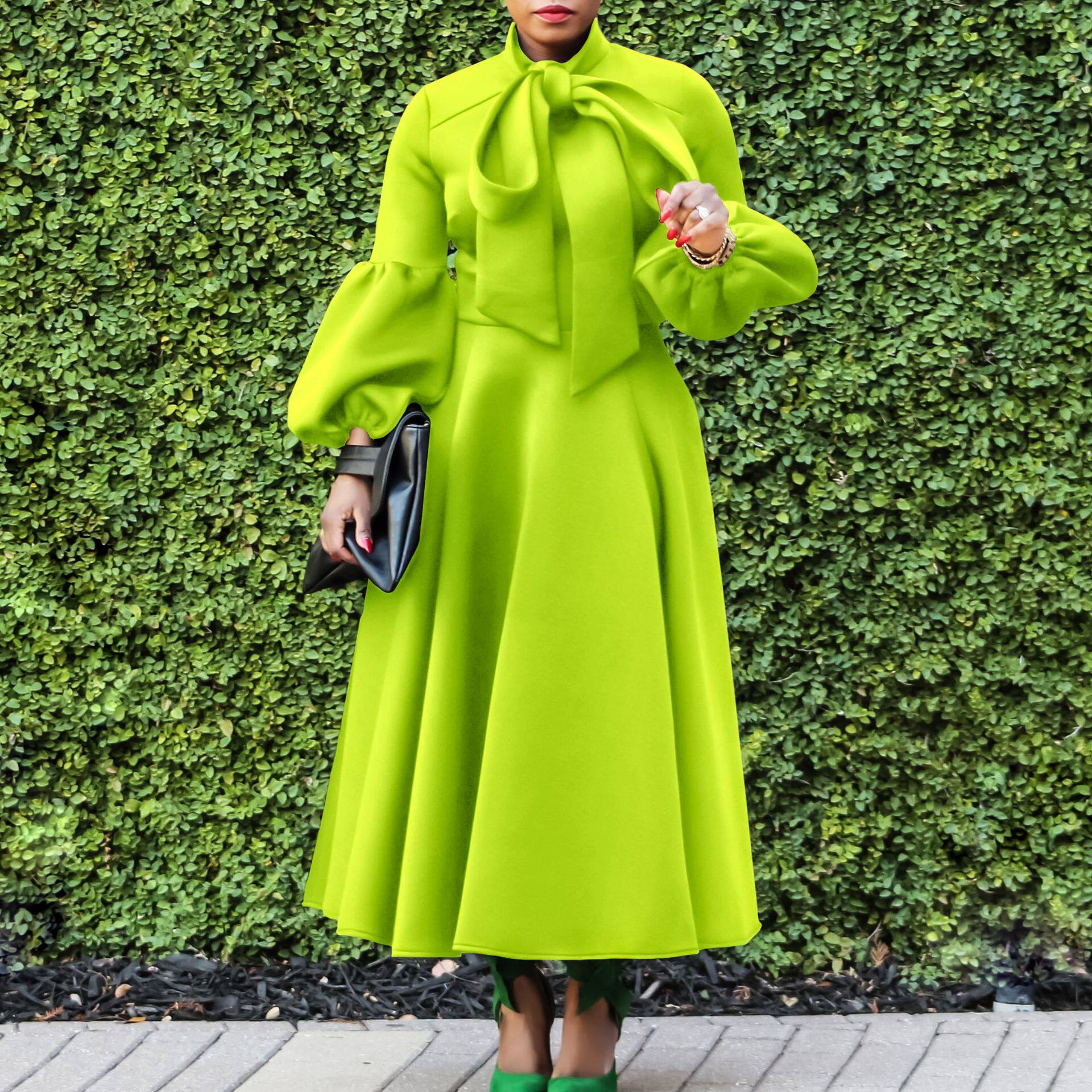 Fashionable High Waisted Lantern Sleeve Dress Plus Size Bow Tie Flared Skirt Spring Summer Occasion Wholesale