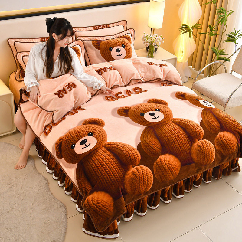 2025 New 8.5 Pounds 230 Grams High Weight Milk Velvet Four-Piece Set 5D French Velvet Bed Skirt Four-Piece Set