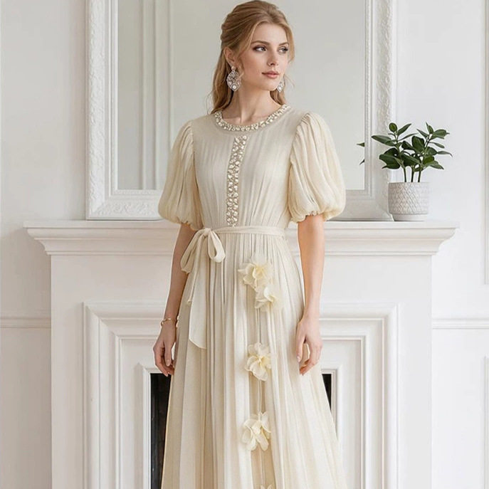 French Style Red Embellished Dress Summer Slim Fit Elegant Long Length Perfect for Formal Occasions Wholesale