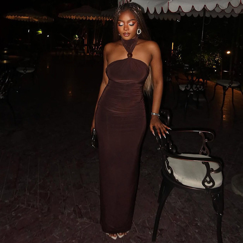 Elegant Bodycon Dress Solid Color Halter Neck Curve Hugging Long Length Perfect for Evening Parties Wholesale