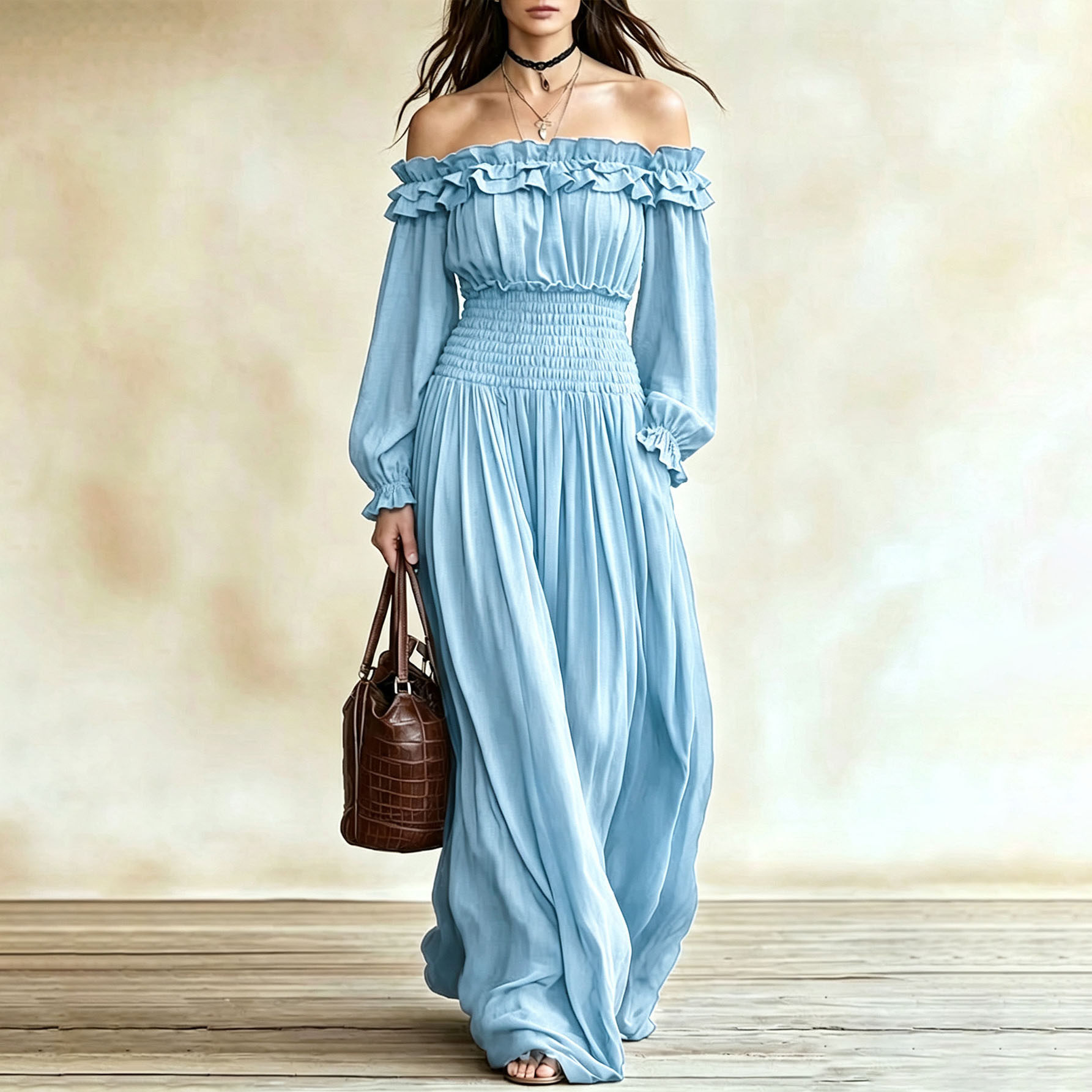 Off Shoulder Ruffled Long Sleeve Dress Waist Defining Autumn Fashion Elegant for Parties and Events Wholesale