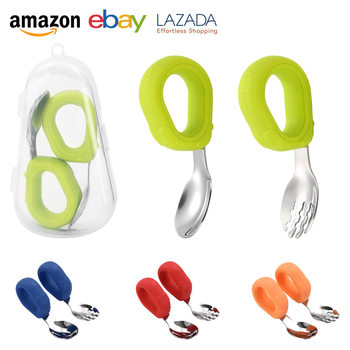 Baby Training Spoon 304 Stainless Steel Spoon and Fork Set Silicone Handle Household Food Supplement Spoon Portable Wholesale Tableware