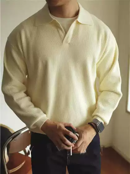 European Knitted Polo Shirt Men's V-Shirt Stacked Collar Slim-Fit Long-Sleeved Lapel Sweater American Style Work Sweater Trendy Paul Shirt