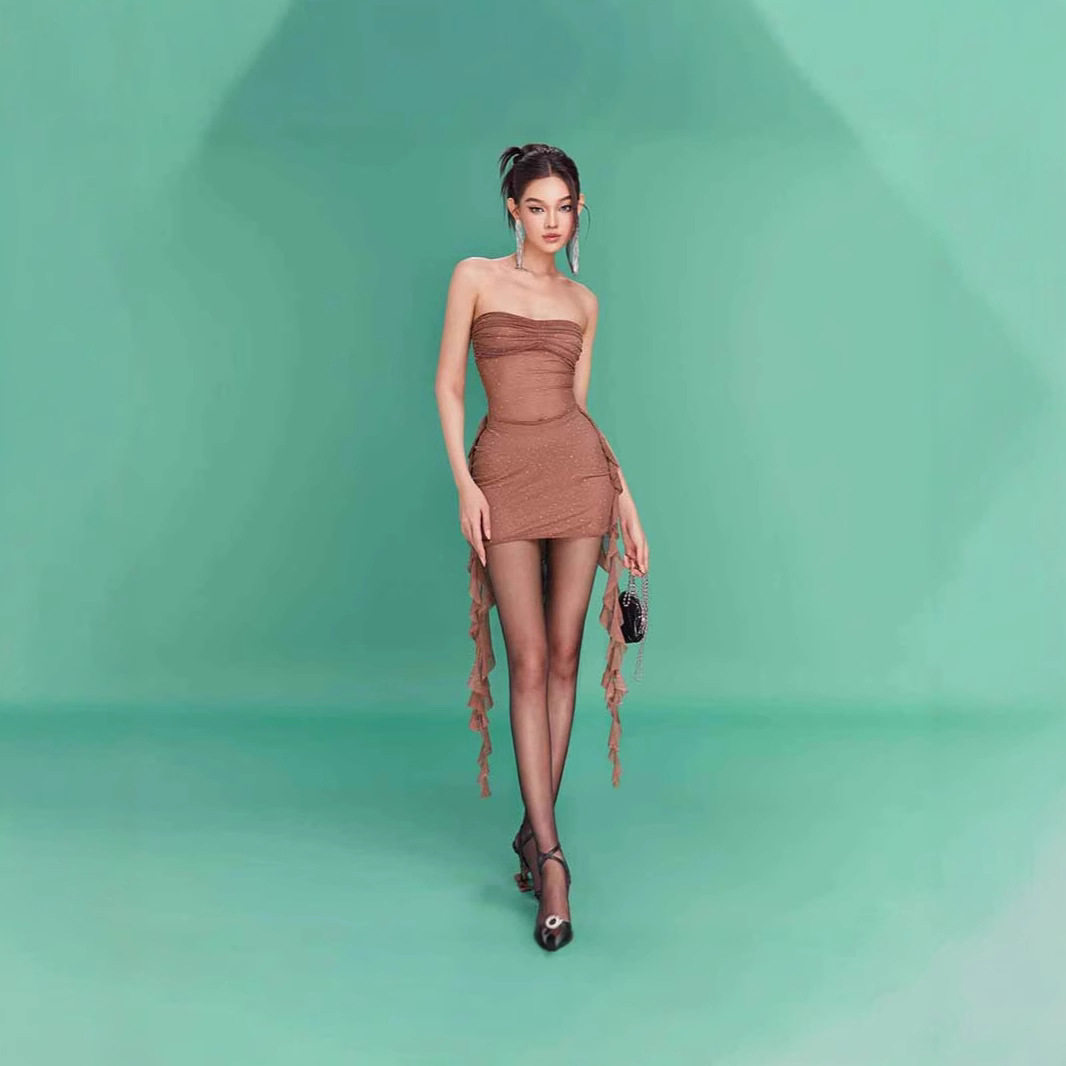 Chic Sheer Mesh Dress Sexy Strapless Design with Starry Rhinestone Accents Perfect for Winter Parties Wholesale
