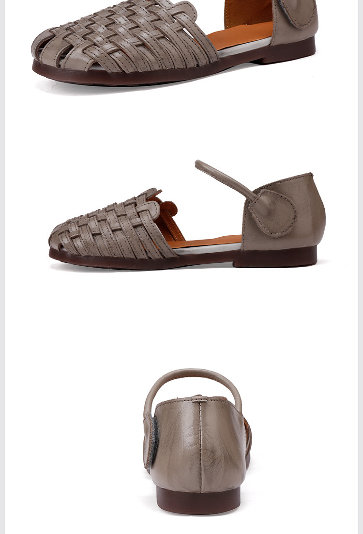 Sandal nữ quai ngang da bò thật đế mềm thủ công êm chân — Màu hồng sen, màu xám
