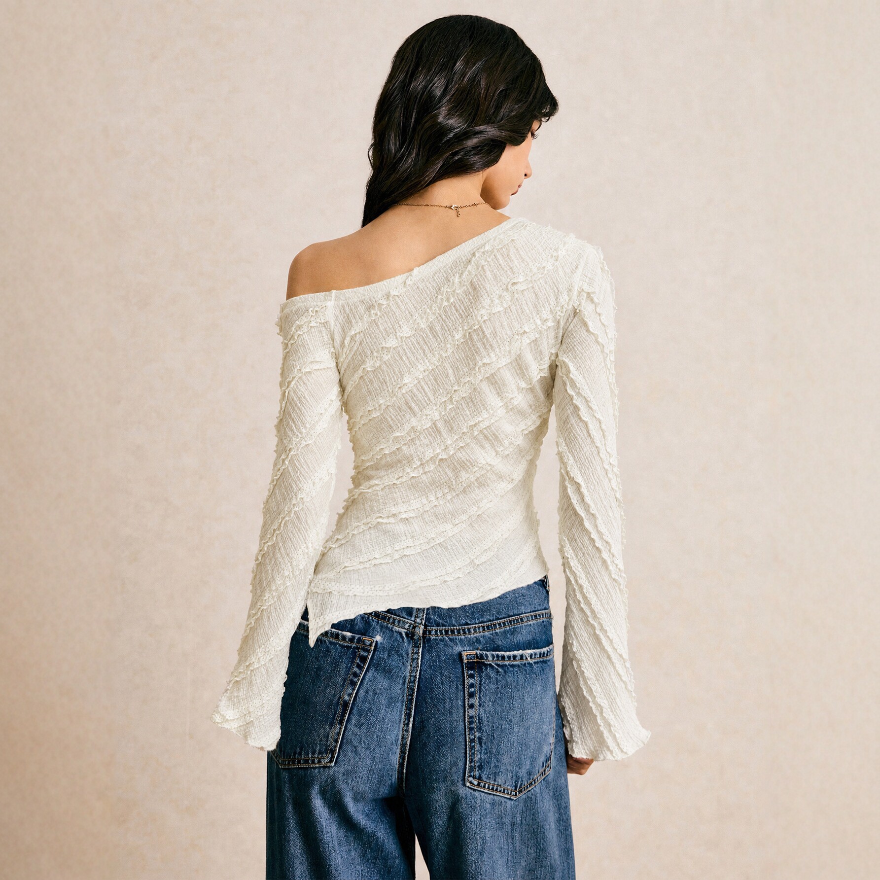 Asymmetrical Hem Long Sleeve T Shirt French Texture Slim Fit Flare Sleeve Stylish Design Casual Wear Wholesale
