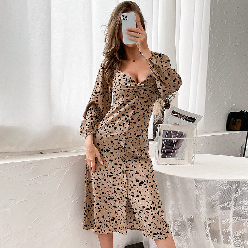 Leopard Print Long Sleeve Dress Spring Collection Mid Length Casual Style Wholesale Available